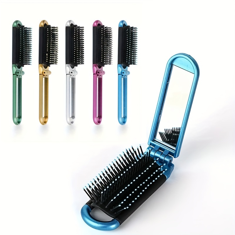 

2 Pcs Portable Folding Hair Brush With Mirror: Mini Pocket Hair Comb For - Normal Hair Type, Abs Plastic Handle, Nylon Brush