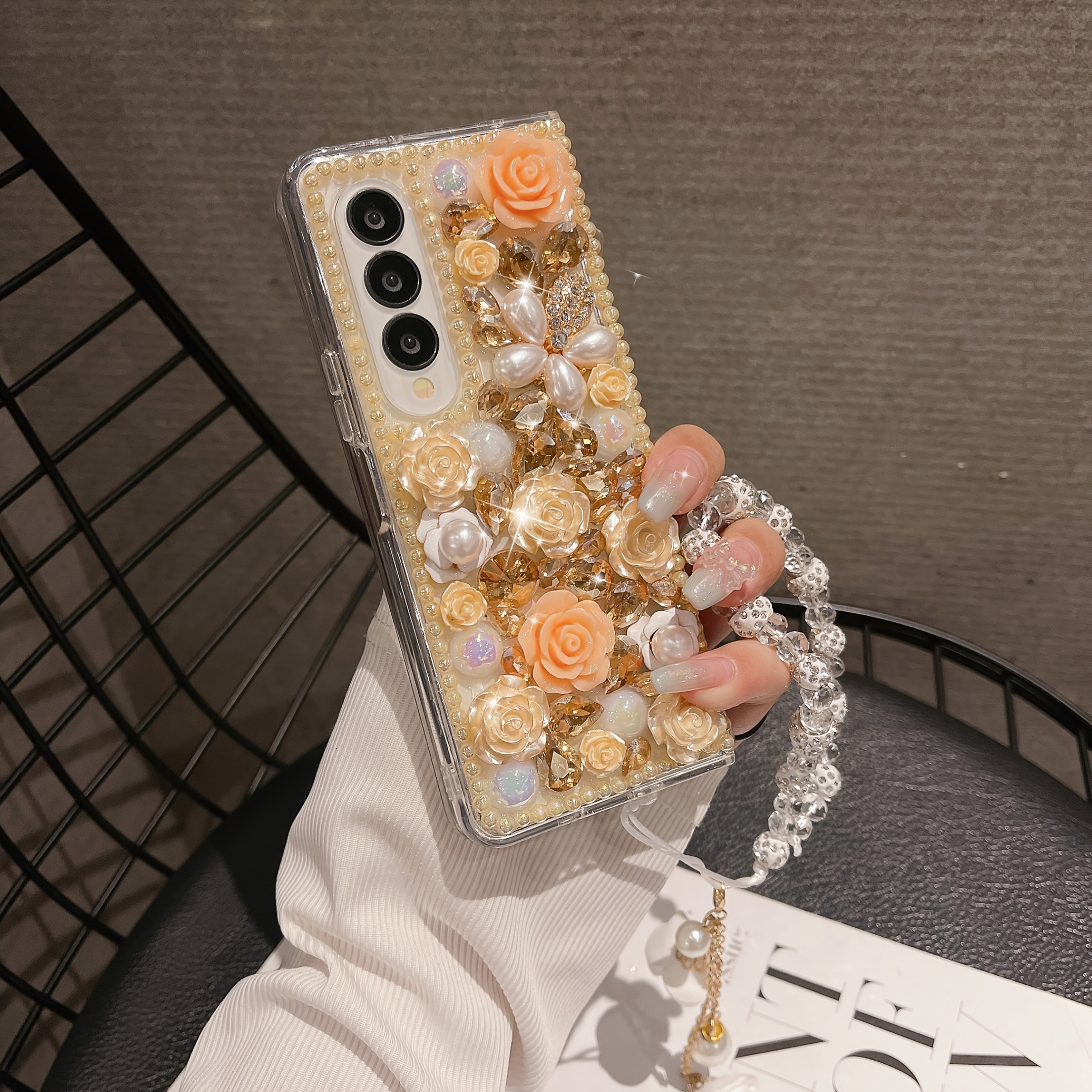 TEMU Phone Case - Full Diamond Fresh Camellia Handmade Rhinestone Flip Cover With Bracelet For Galaxy Z Fold 3 4 5 6 7, Luxurious Women's Phone Case