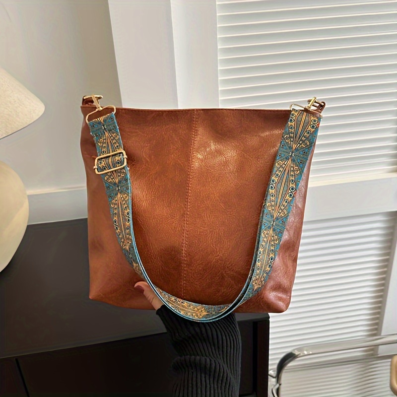 

Sac à bandoulière rétro pour femme, grand sac à bandoulière en cuir PU pour navetteur avec large sangle réglable