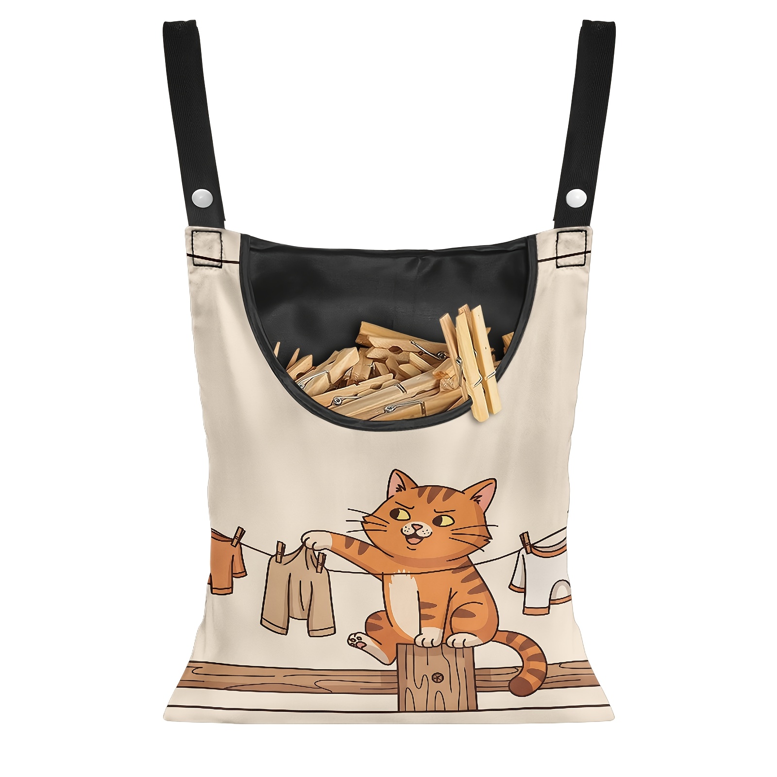 E-shop 1 Stück Niedlicher Cartoon-Orangenkatzen-Wäscheklammern-Aufbewahrungsbeutel – Hängeorganizer mit schwarzen Trägern, weicher Polyesterstoff &