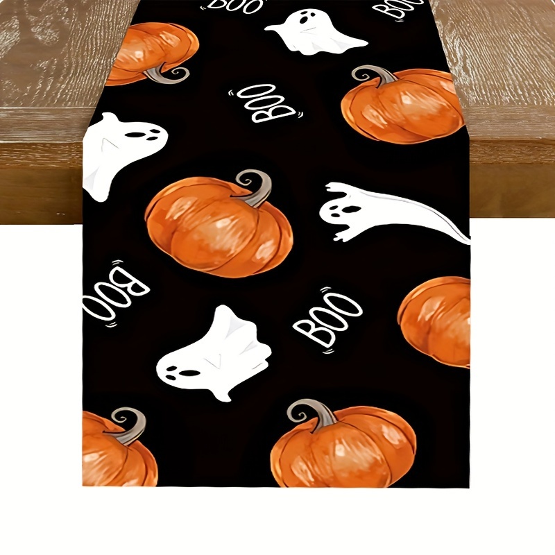 

Halloween Polyester Table Runner - Pumpkin And Ghost Design, 1pc Machine-made Festive Decor For All Occasions, Spooky Halloween Party Supplies - 180cm X 35cm