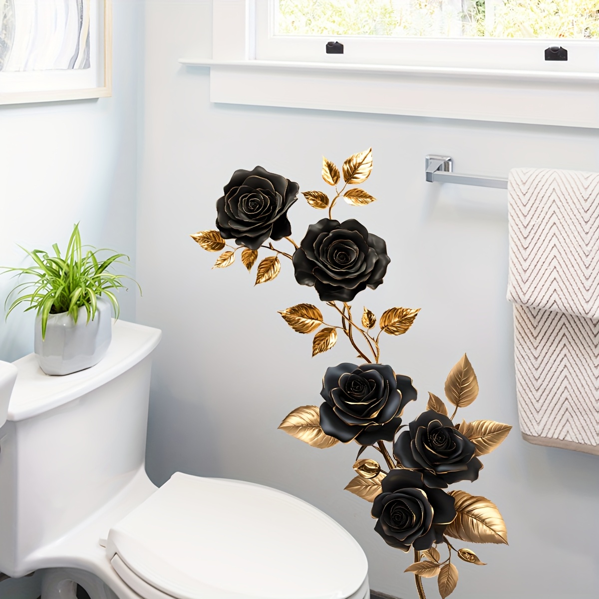 1pc Creative Black And Golden Rose Vine Wall Sticker, Suitable For Living Room, Bedroom And Bathroom Decoration Home Background Wall Art Paper