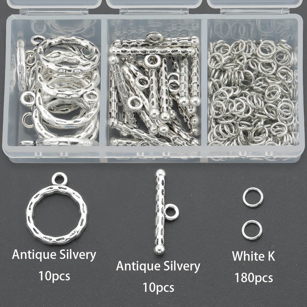 E-shop 200 Stk./Box Schmuckverschluss-Bastelset inklusive 10 Stk. runde, gehämmerte Anhänger, 10 Stk. OT-Verschlüsse und 180 Stk. Biegeringe, geeignet