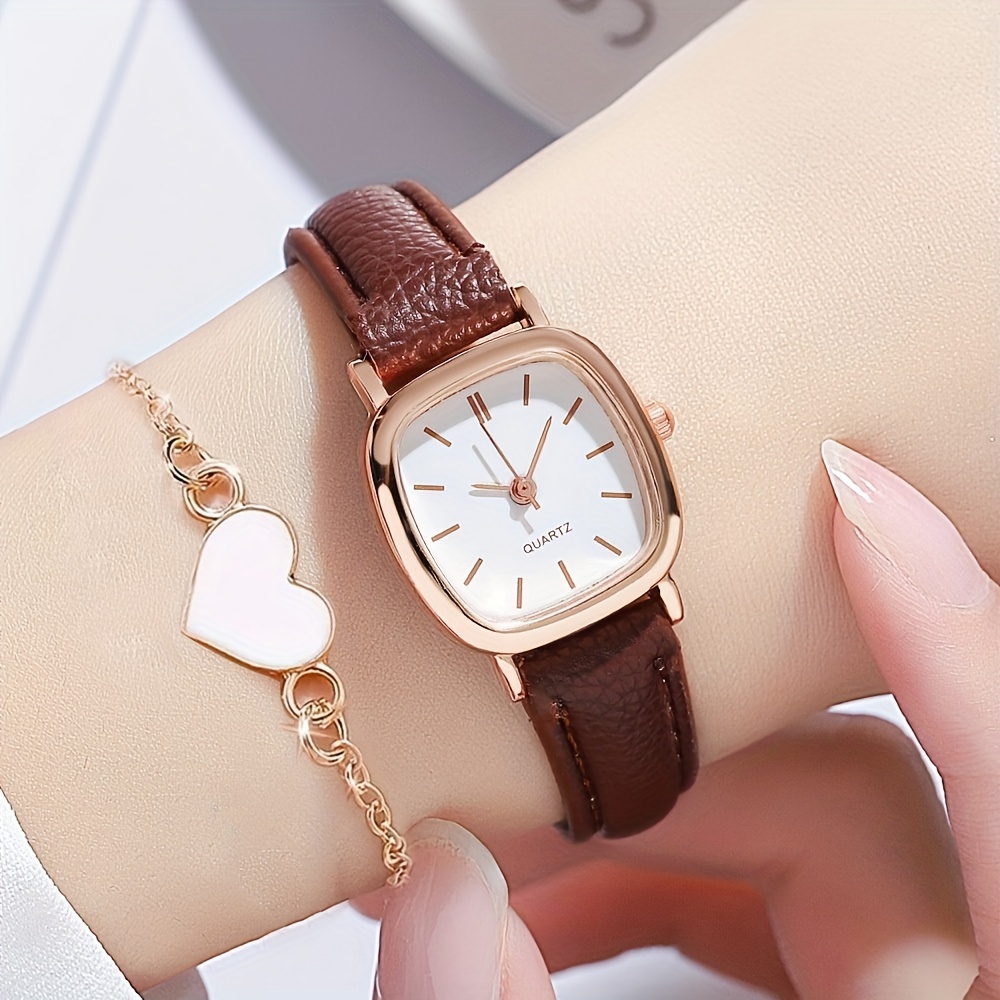 

2 Pcs Quartz Watches Pu Leather Strap Zinc Alloy Pointer And Bracelet Jewelry For Women