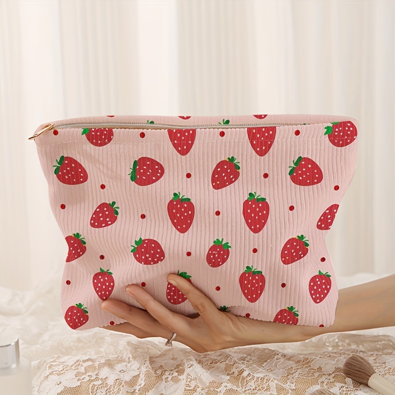 TEMU Polyester Strawberry Printed Cosmetic Bag With Zipper, Lightweight Corduroy Makeup Pouch With Lining, Multifunctional Toiletry Organizer Unscented