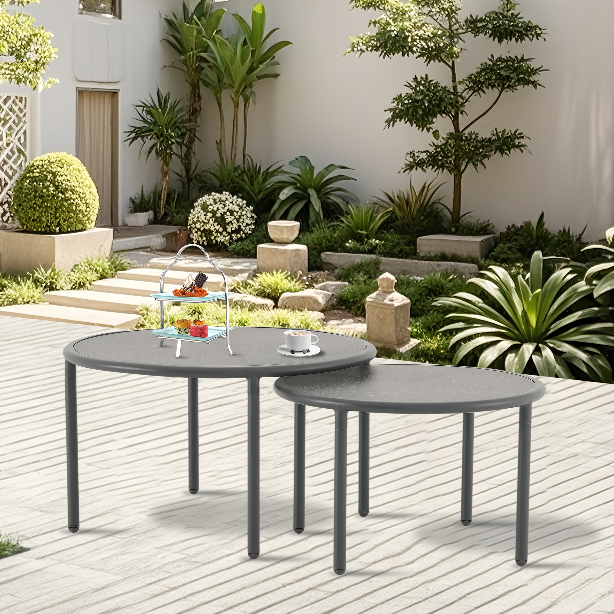 2pcs Black Aluminum Round Outdoor Coffee Table Set | Nesting Side Table with Round Tabletop, Powder Coated Aluminum Frame, Suitable for Garden Balcony