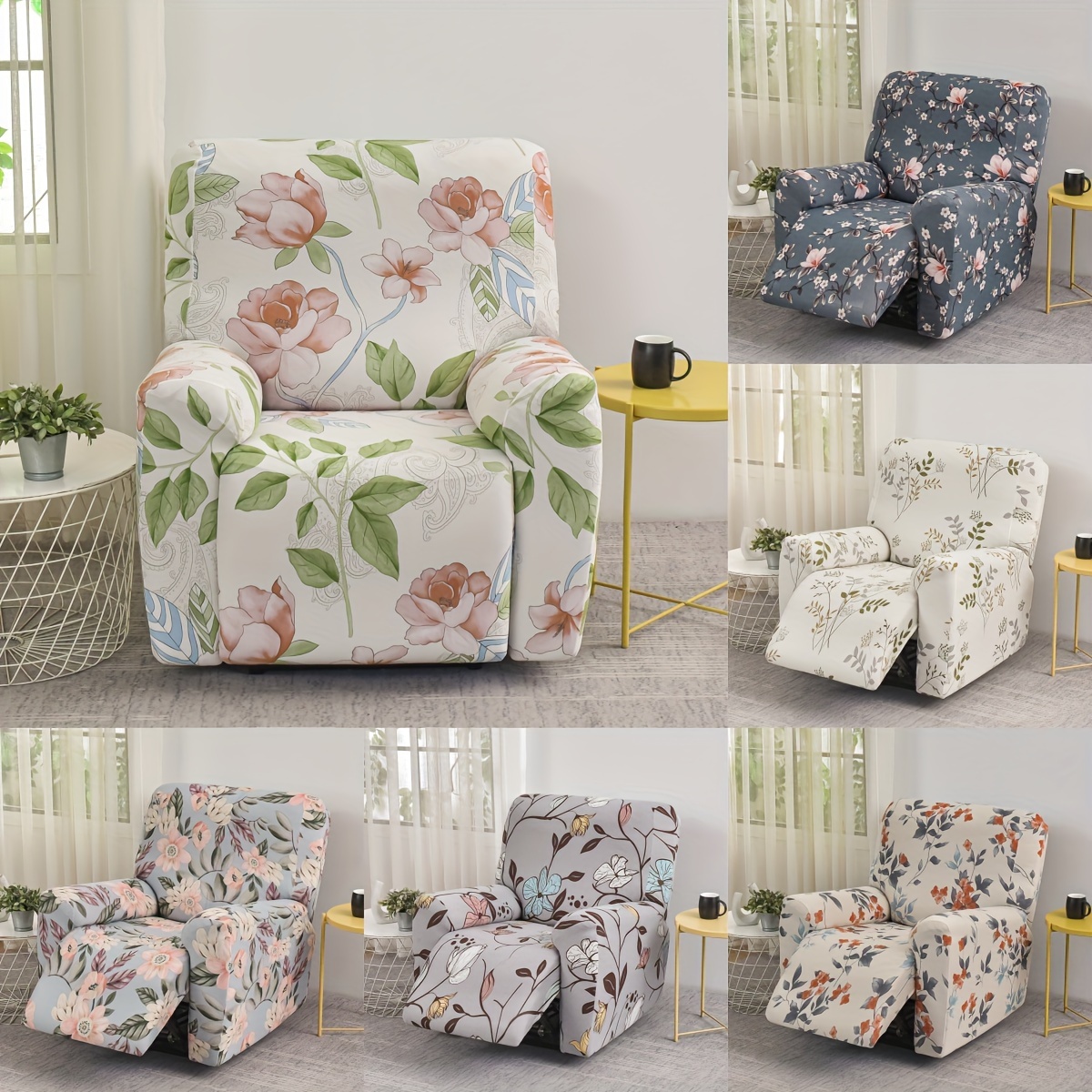 

Recliner Slipcovers With Band Closure - 4 Piece Stretch Polyester Spandex Sofa Chair Slipcover Set With Slipcover-grip Design - Machine Washable Floral Print Recliner Covers