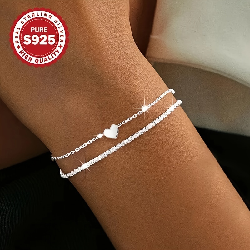 

Elegant Double-layered 925 Sterling Silvery Heart Bracelet - Sparkling & Simple Fashion Accessory For Women, Perfect Gift For Girlfriend Or Daughter