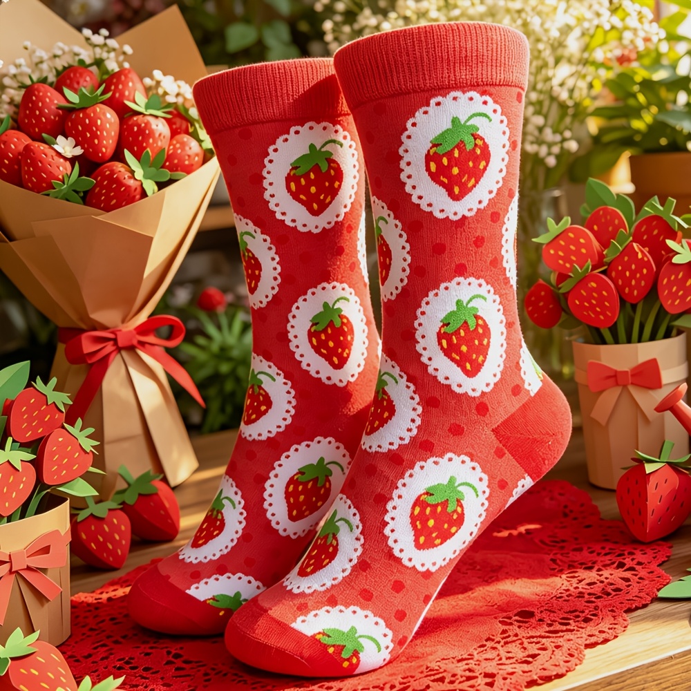 TEMU 1-pair Strawberry Socks - Cute Fruit With Strawberry Fruit, Hand Washable Suitable For,, Parties, Casual Wear - Strawberry-themed Outfit