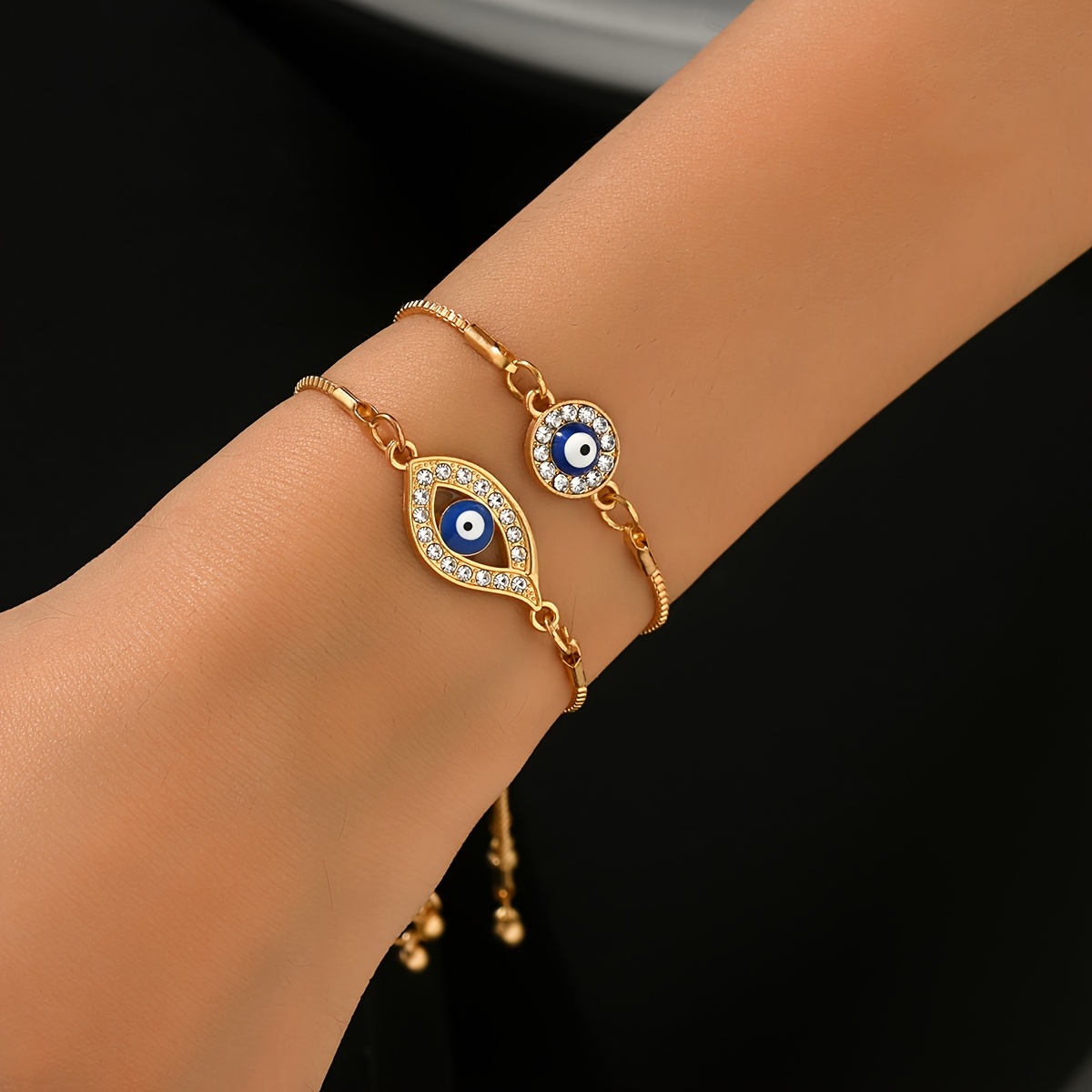 Image of 2pcs Vintage Evil Eye Drop Oil Rhinestone Bracelet Set, Perfect For Women' Wear And As A Gift For