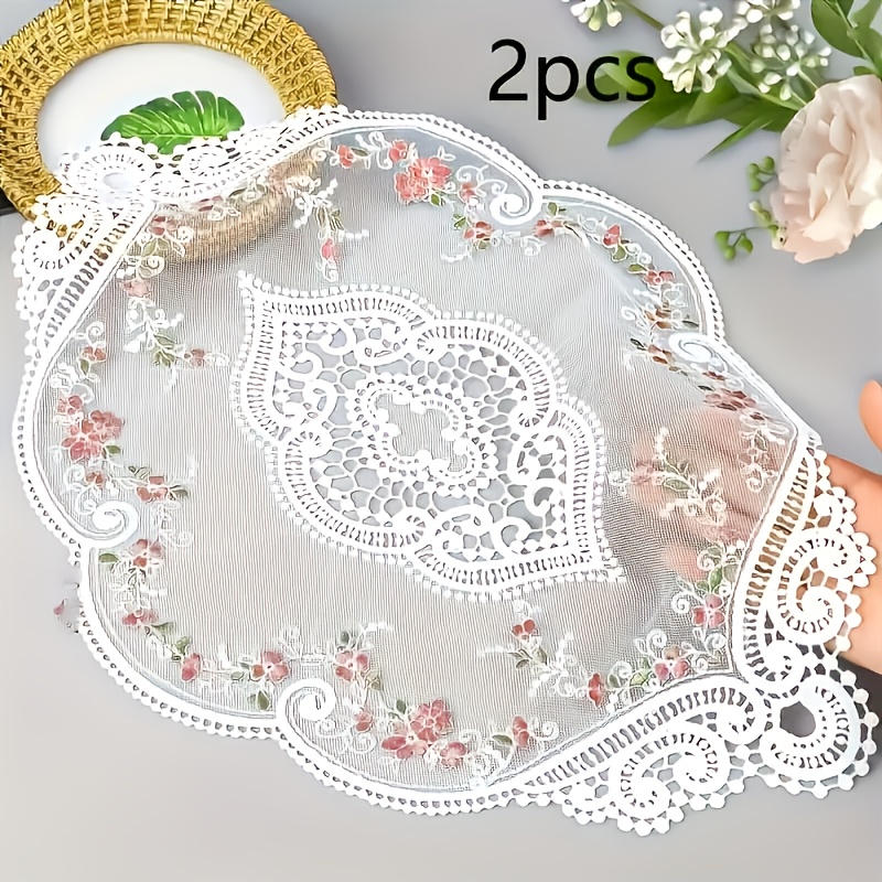 2pcs Of Vintage French Placemats - Flower Crochet Hollow Vase Design, Vintage Table Mats For Home, Kitchen, Wedding Decoration, Elegant Tableware Accessories, Exquisite Handicrafts