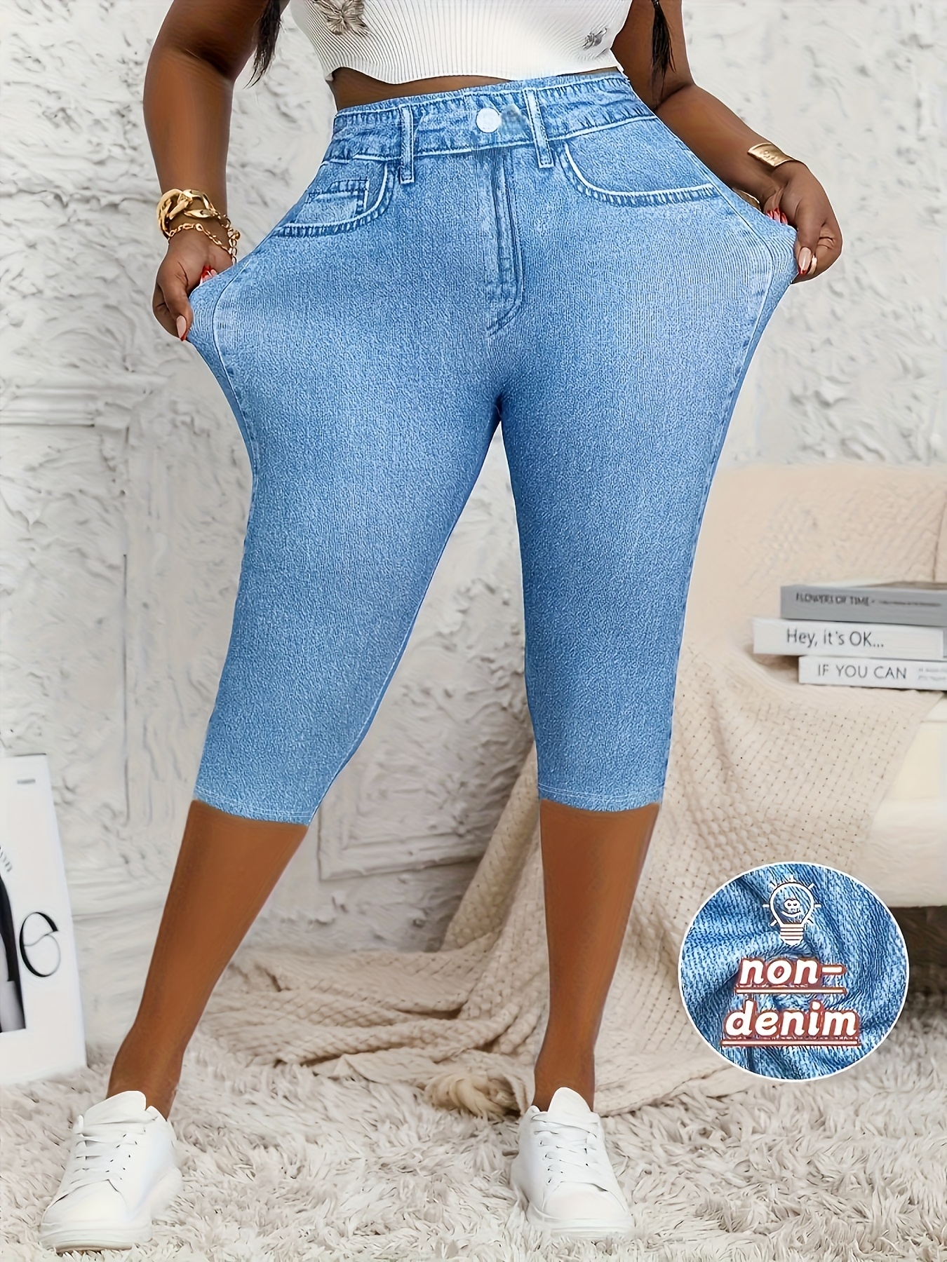 Plus-Size Women'S Digital Printed Stretchy Skinny Capri Pants