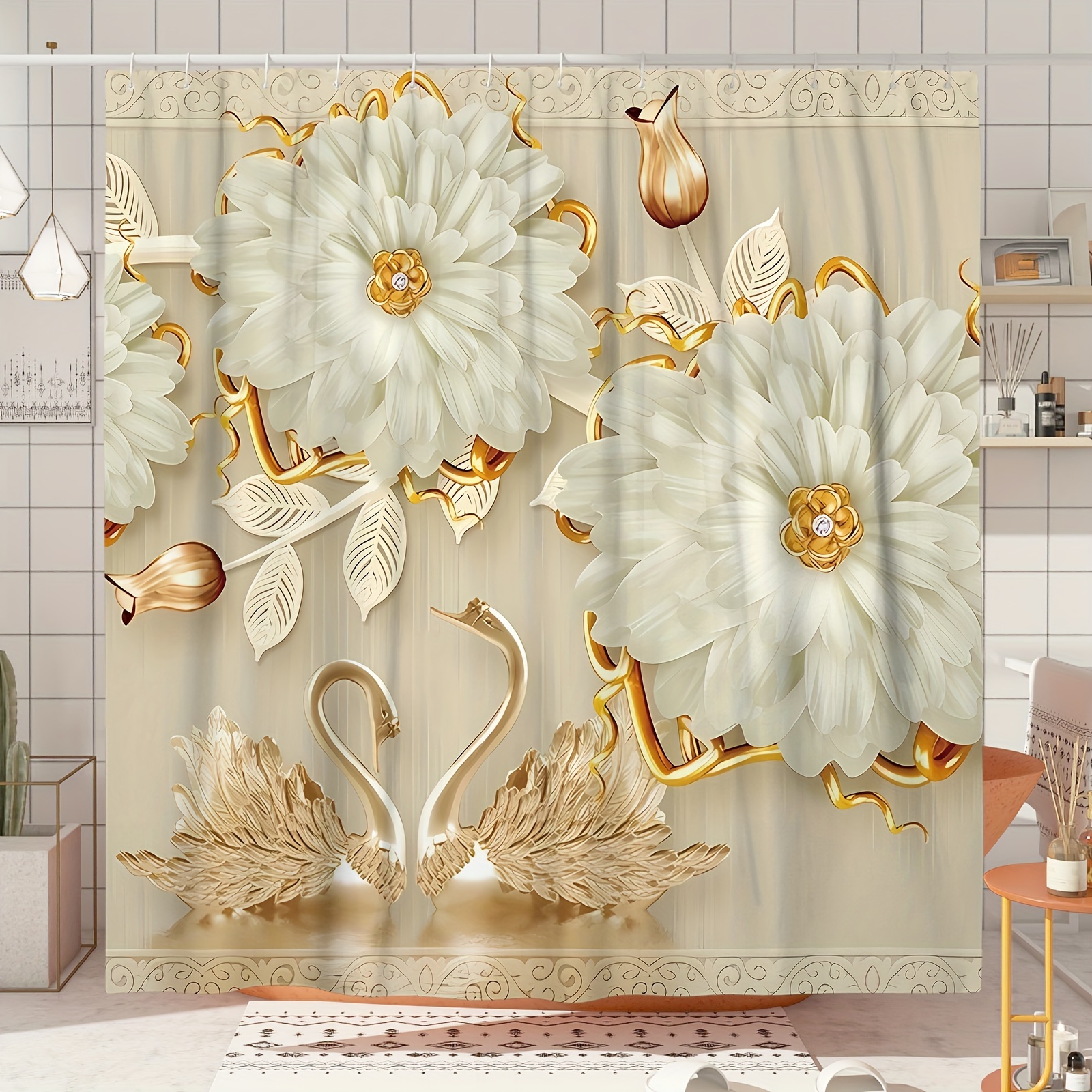 

1pc Golden Floral Swan Pattern Shower Curtain, Waterproof Shower Curtain With Hooks, Bathroom Partition, Bathroom Decor Accessories