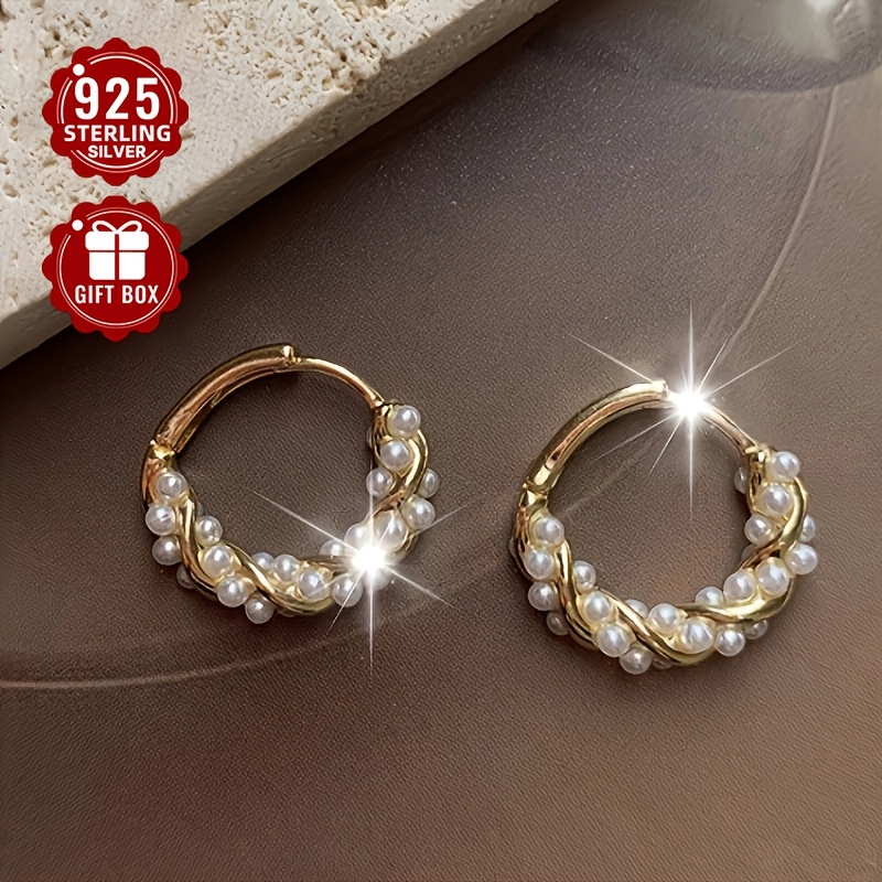 

Total Weight About 2.2g 2pcs Women's Fashion Ring Earrings 925 Pure Silvery Circle Pearl Women's Earrings Suitable For Activities And Parties As Gifts