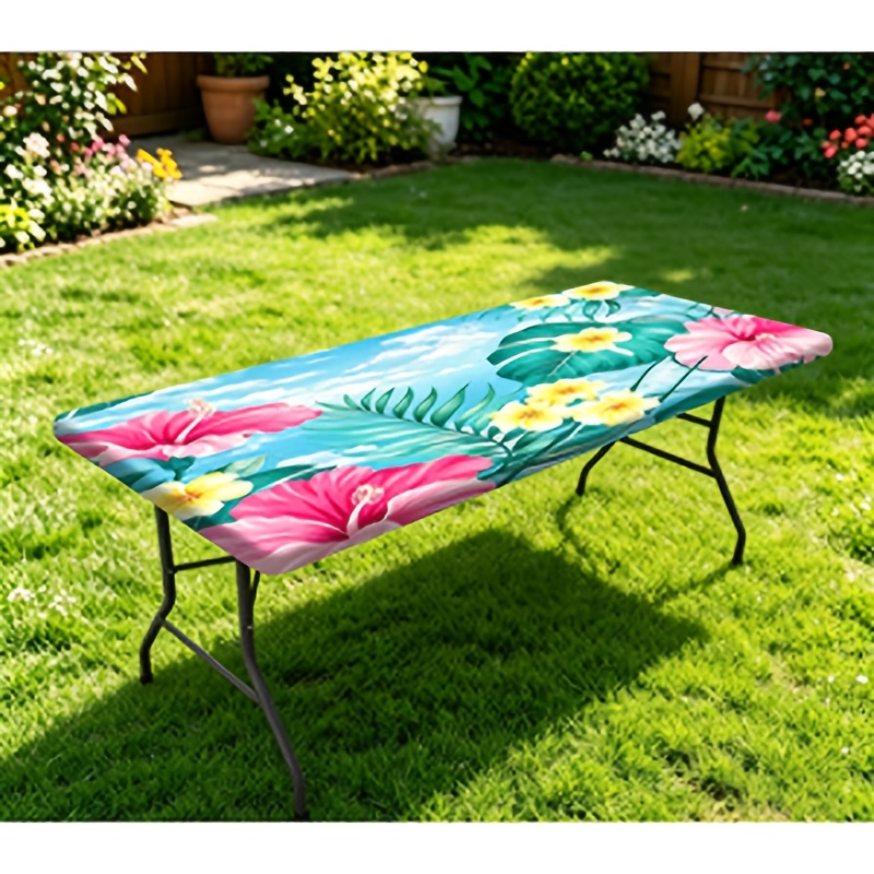TEMU 1pc Elastic Table Cover With Stretch Band Edging, Durable Material, Washable Rectangular Tablecloth, Tropical Floral Hawaiian Tablecloth,