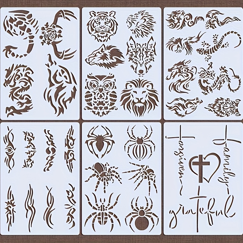 Image of 6pcs Tattoo Stencils, , , Wolf, Dragon Face Human Body Painting Stencils Kit, Glitter Tattoo Stencils, School Performance Birthday Halloween Christmas Party Gift Supplies, Reusable Leaking Stencils