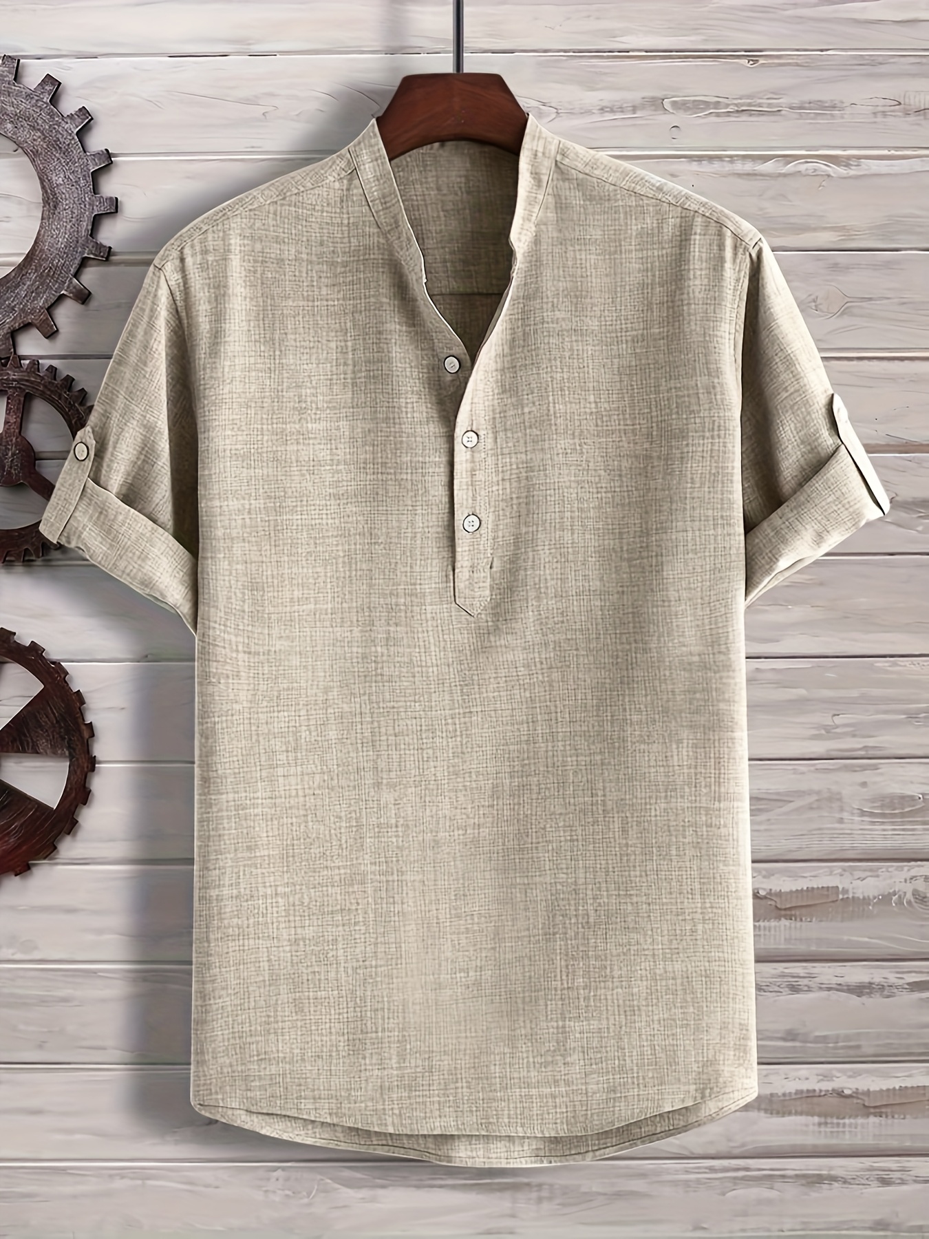 Men's Solid Color Henley Collar Short Sleeve Shirt, PLUS SIZE