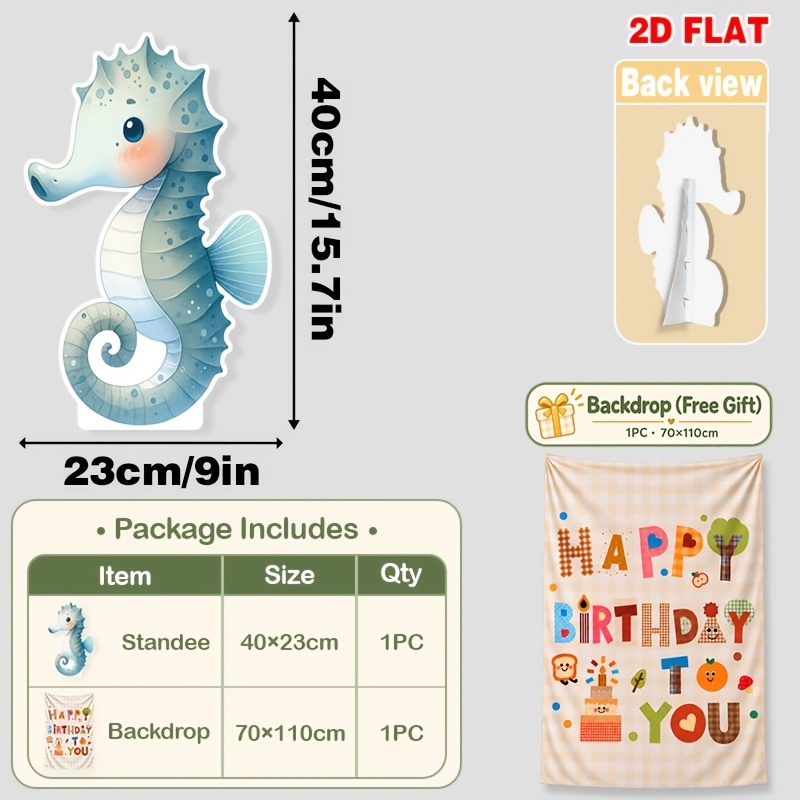 TEMU 2d Flat, 2d Flat, 1pc Standee Flat Birthday And Holiday Party Photo Booth Cardboard Cutouts Cute Seahorse Blue -durable Resin Material, Used For