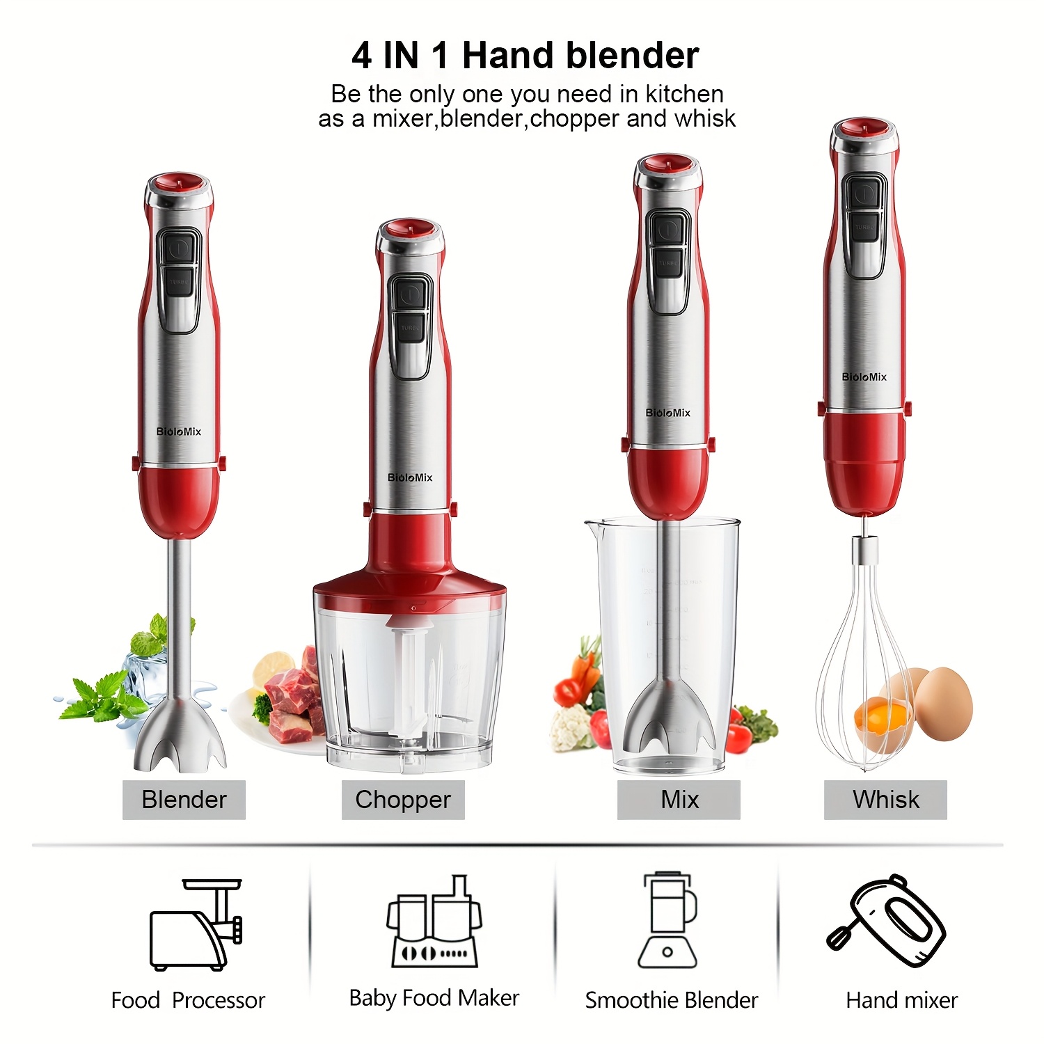 4 in 1 high power 1200w   hand stick blender with chopper smoothie cup stainless steel ice   eu plug 410 stainless steel Product details 7