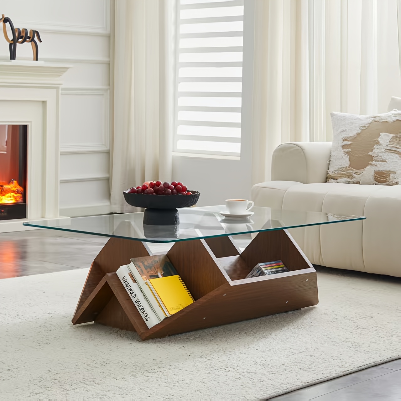 Coffee Table, Modern Multi-Storage Tempered Glass & MDF, Spacious Storage Compartments for Daily Essentials, Sturdy Construction Coffee Table for Living Room Bedroom Office, Contemporary Stylish Design Home Furniture with Ample Storage Space