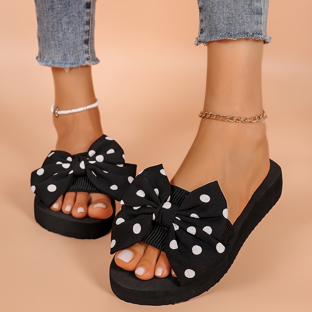 Image of 3cm -flop Thick Sole Polka Dot Bow Summer Flat Women's Handmade Flower Non-slip Thick Sole Slippers Beach Outdoor Sandal, Women Shoes