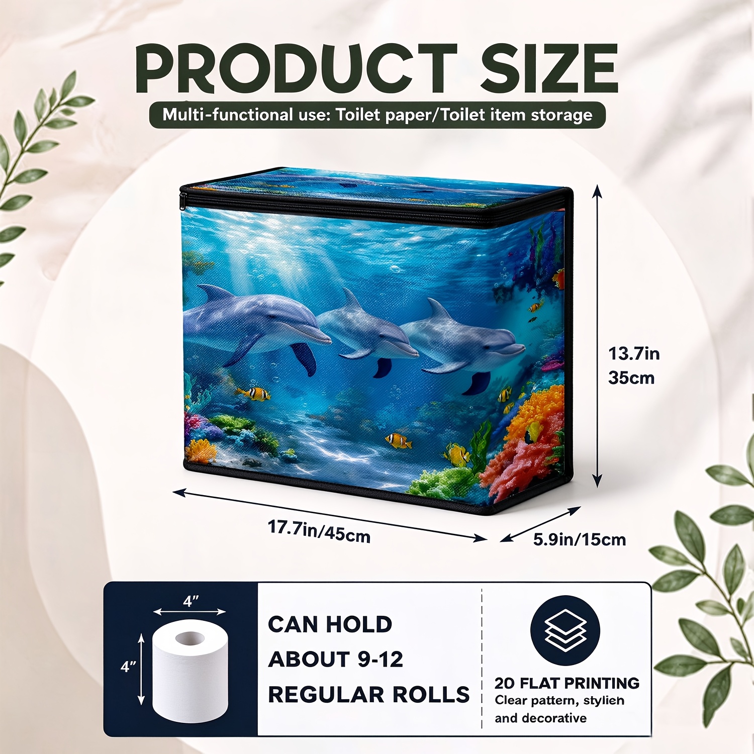 TEMU 1pc Large Foldable Pet Fabric Storage Basket With Ocean Dolphin Print & Zipper Closure - Suitable For Bathroom, Bedroom, Living Room Box,