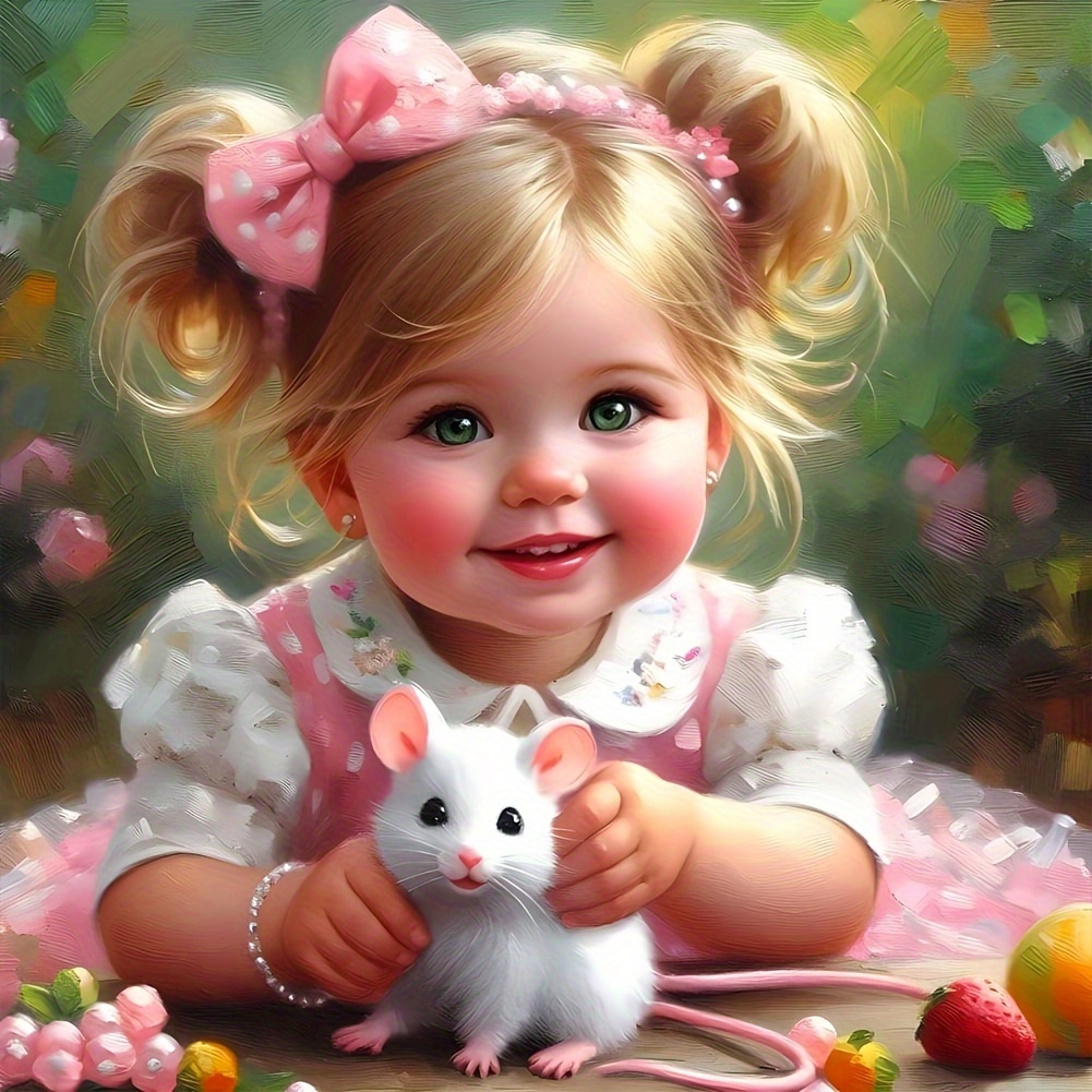 

5d Diy Diamond Painting Kit For Kids, Cute Little Princess With Mouse, Round Acrylic Diamonds Embroidery Cross Stitch Art Craft For Wall Decor, Charming Gift