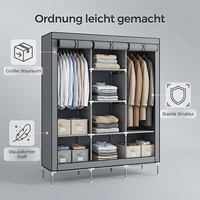 portable wardrobe organizer for clothes storage made of non woven fabric easy to assemble extra sturdy and durable in gray portable closets