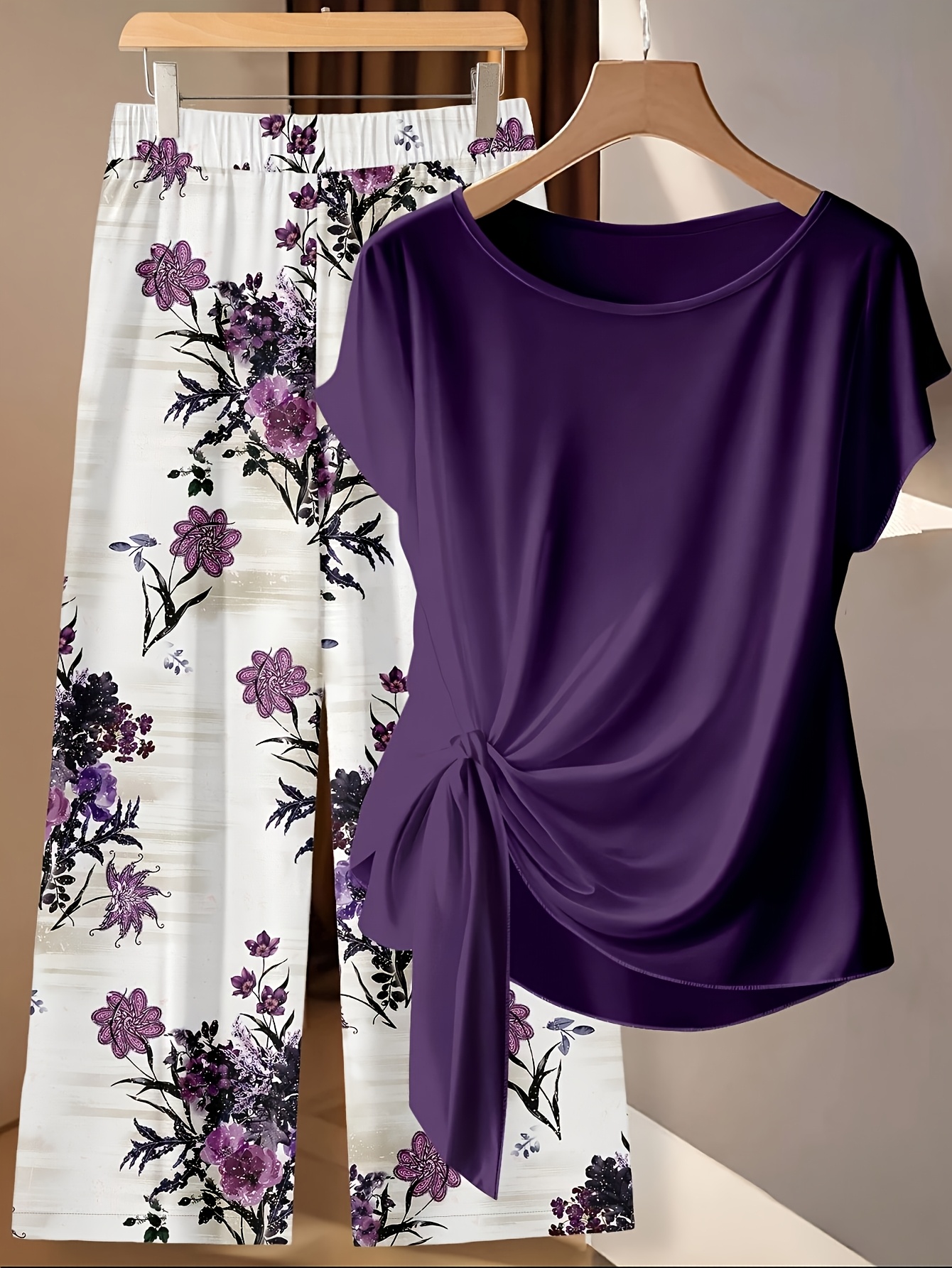 womens purple floral contrasting color lace up bow shirt and straight loose trousers 2pcs set casual womens short sleeved top womens 2pcs set casual womens short sleeved   and shirts suitable for summer womens leisure