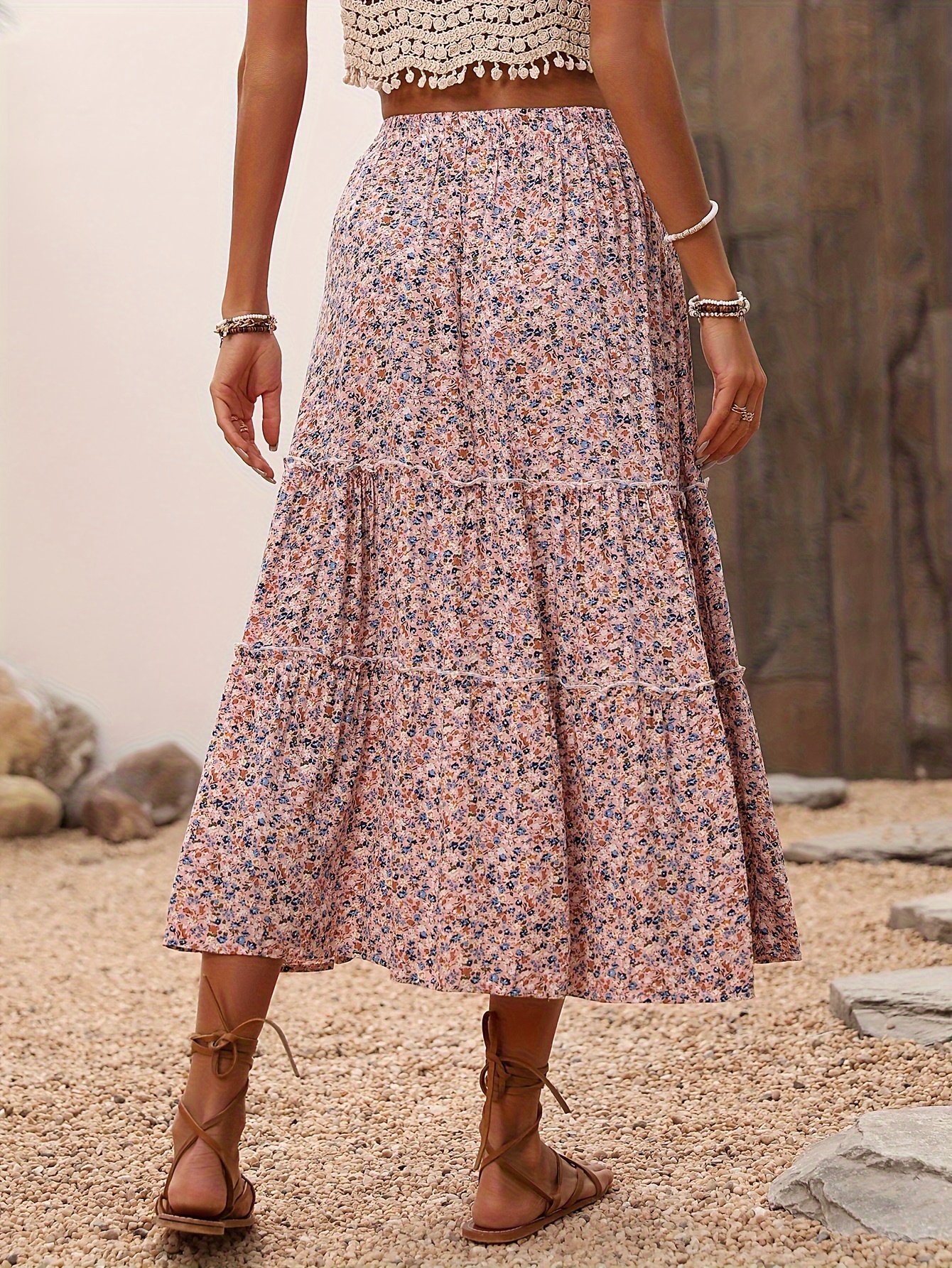 Boho Flowy Swing A Line Tiered Skirts High Waist Floral - Temu