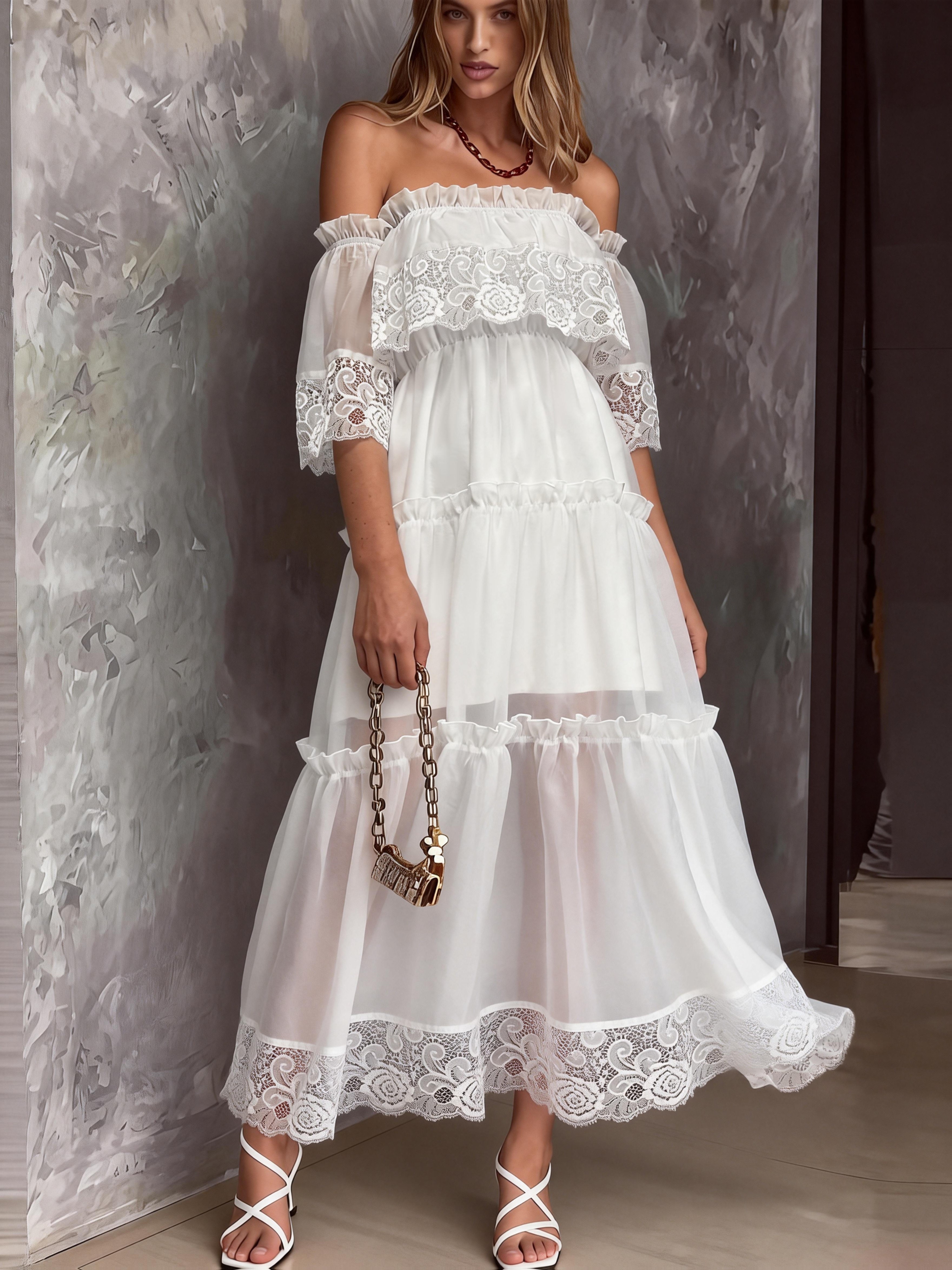 princess polly baby blue dress Boho Ruffle Crochet Strapless Midi Dress – White