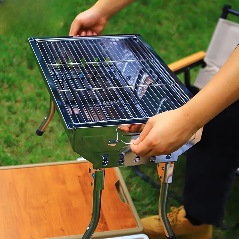 Durable Folding BBQ Grill - Polished Finish, Perfect for Outdoor Cooking & Sports Enthusiasts, Square Design, Metal Construction