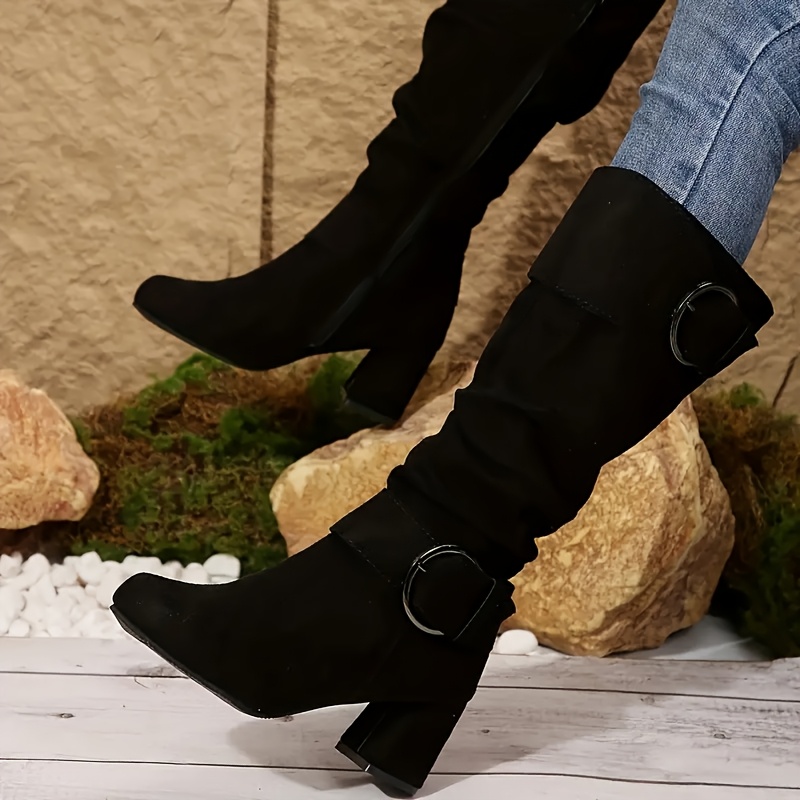 

Women's Knee-high Boots, Mid Heel Platform Sole, Plain Toe, Fabric Upper, Inner & Insole, Rubber Outsole, With Zipper Closure, For Fashionable Casual Wear