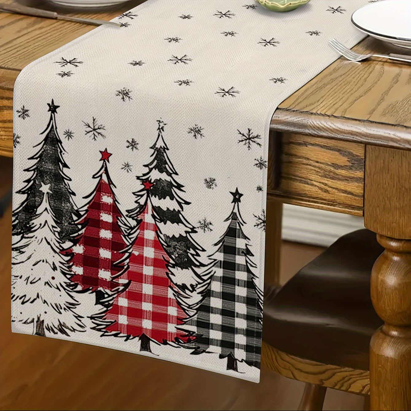 

Christmas Table Runner - 100% Linen Knitted Fabric With Retro Plaid Trees, Reindeer & Santa Claus Design - Rectangular Holiday Table Decoration For Indoor & Outdoor Festivities