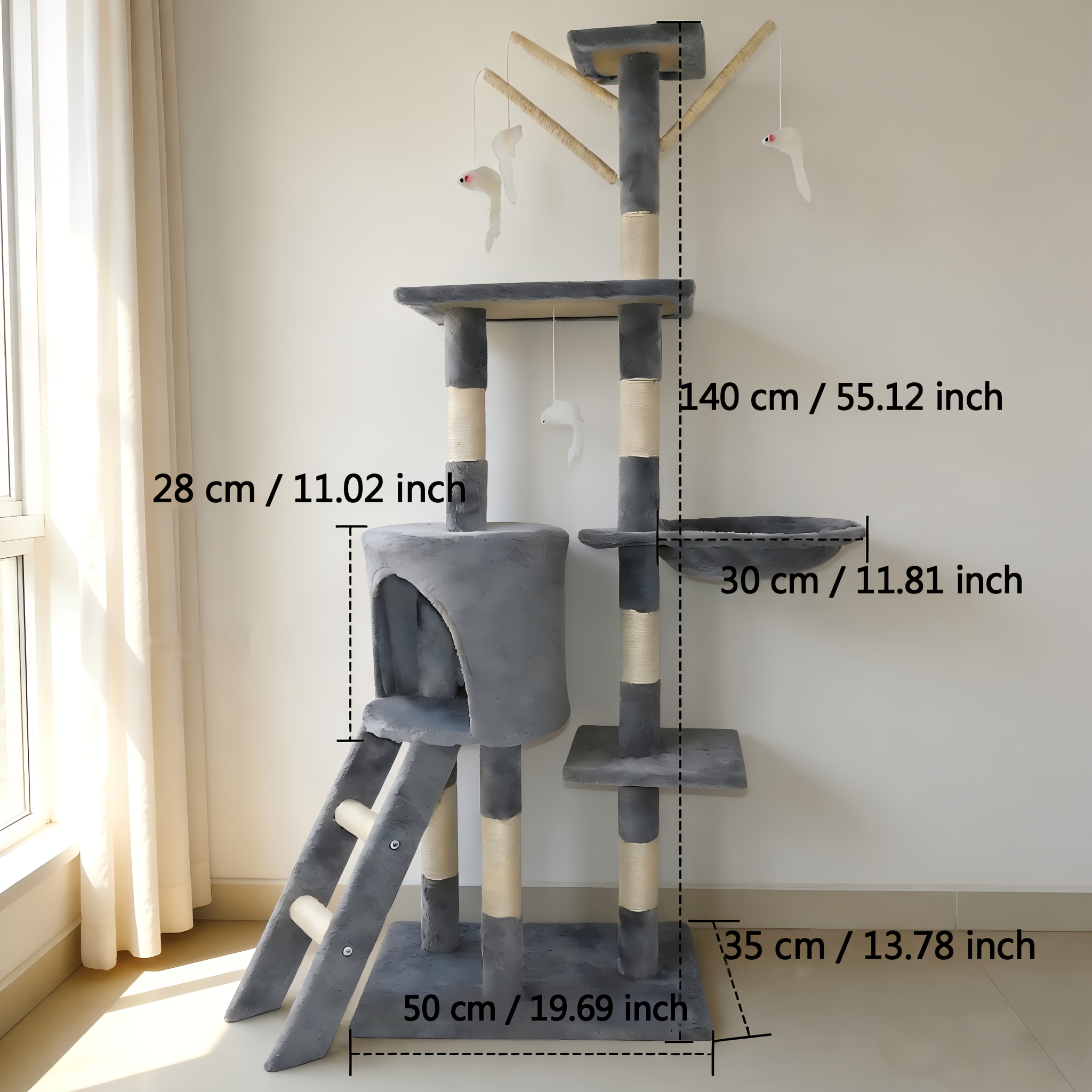 TEMU Multi-level Cat Tree With Pine Wood Frame & Sisal Scratching Posts - Multi-tier Cat Condo With Soft Hammock, Climbing Ladder, Hanging Toys &