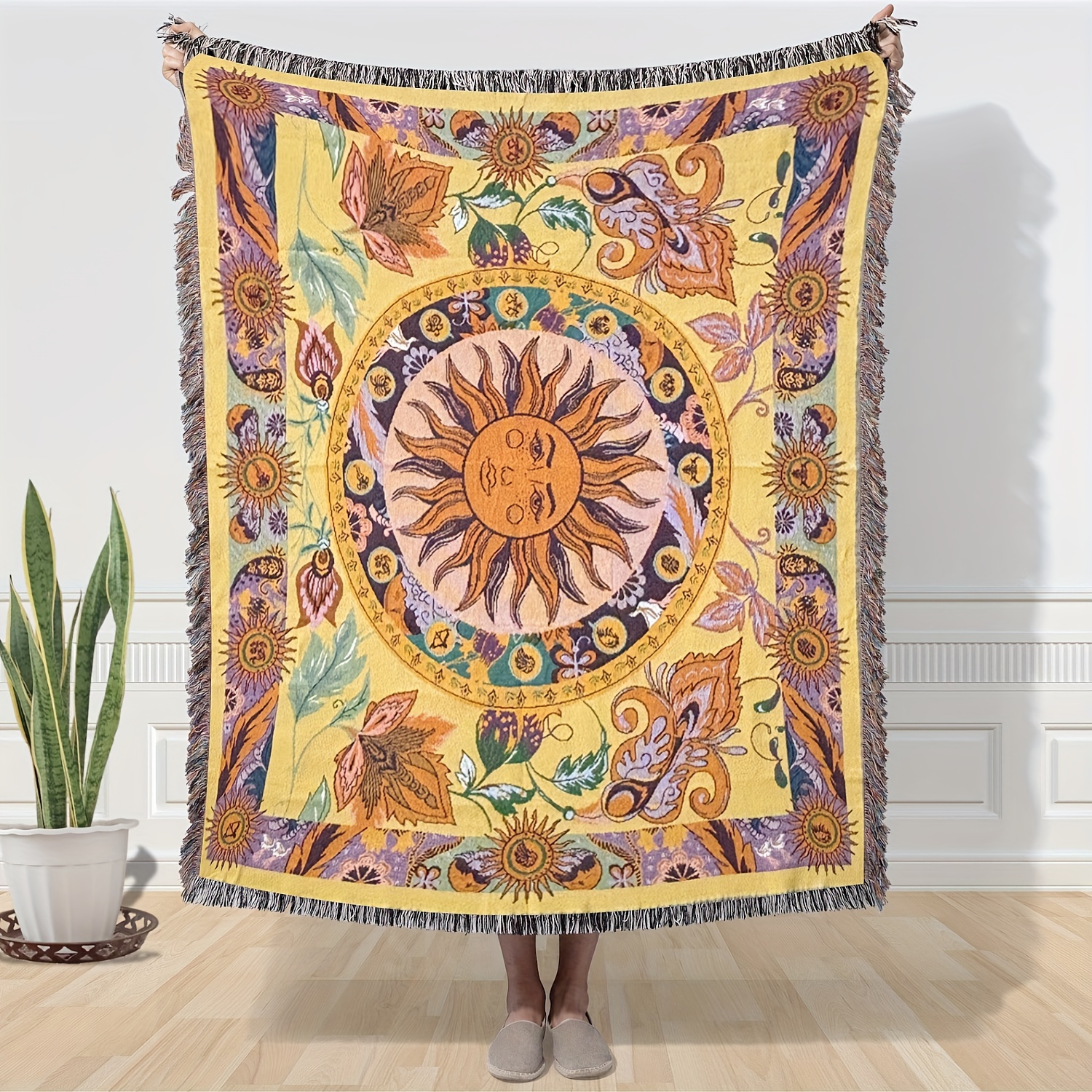 TEMU Une couverture jacquard avec un motif floral solaire doré, en couleurs avec des bords à pompons, adaptée à une utilisation intérieure et