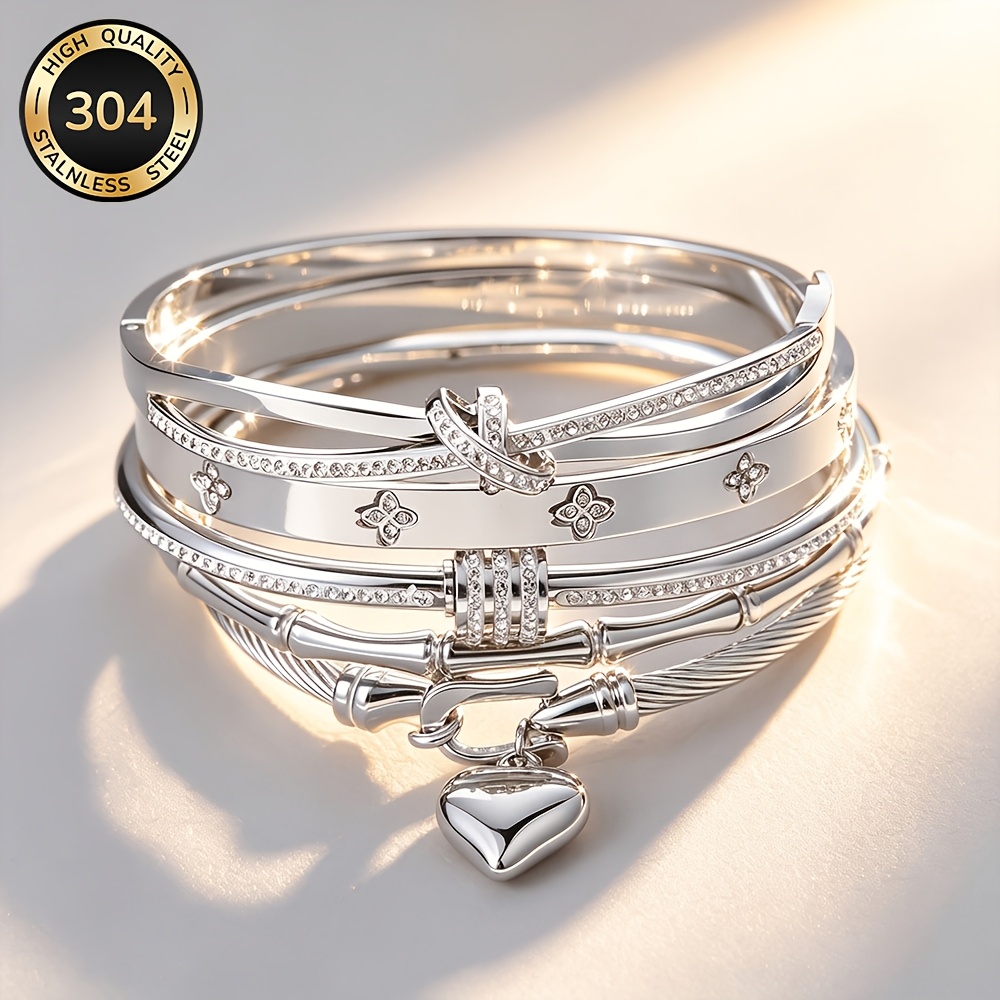 TEMU 5pcs High-quality Stainless Steel Openable Fashion Cuff Bracelet Set, Fade-resistant, Comfortable And Versatile, Easy And Elegant, Fashionable
