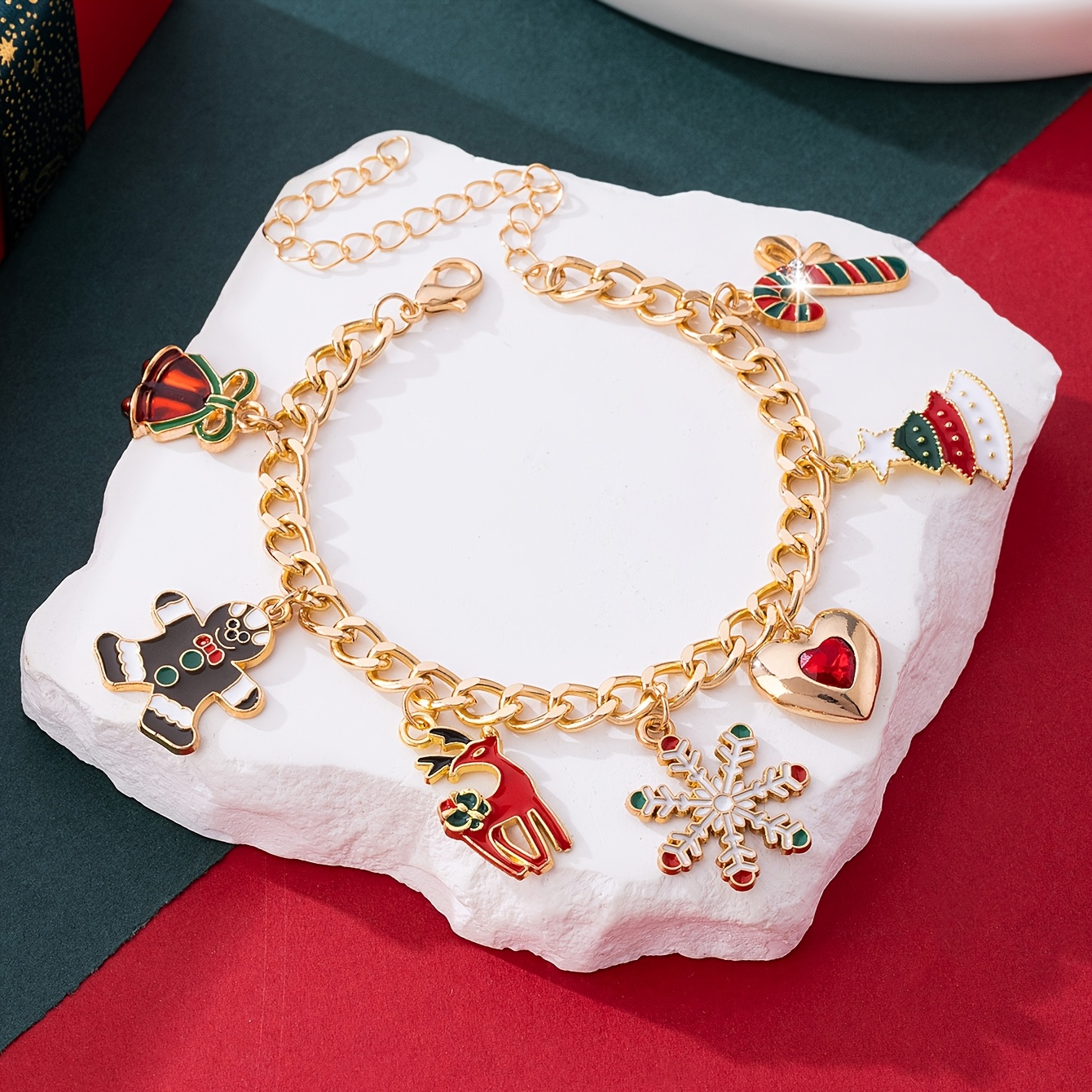 TEMU 1pc Christmas Alloy Glaze-drop Snowflake Reindeer Christmas Tree Pendant Bracelet For Women, Suitable For Holiday Gifting, Daily Wear, And