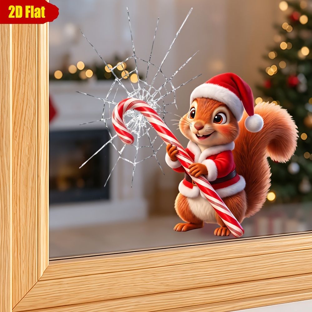 TEMU 1pc 2d Flat Christmas Candy Squirrel Cane Candy Shard Window Effect Static Window Sticker Fun Broken Window Visual Glass Door Window Christmas