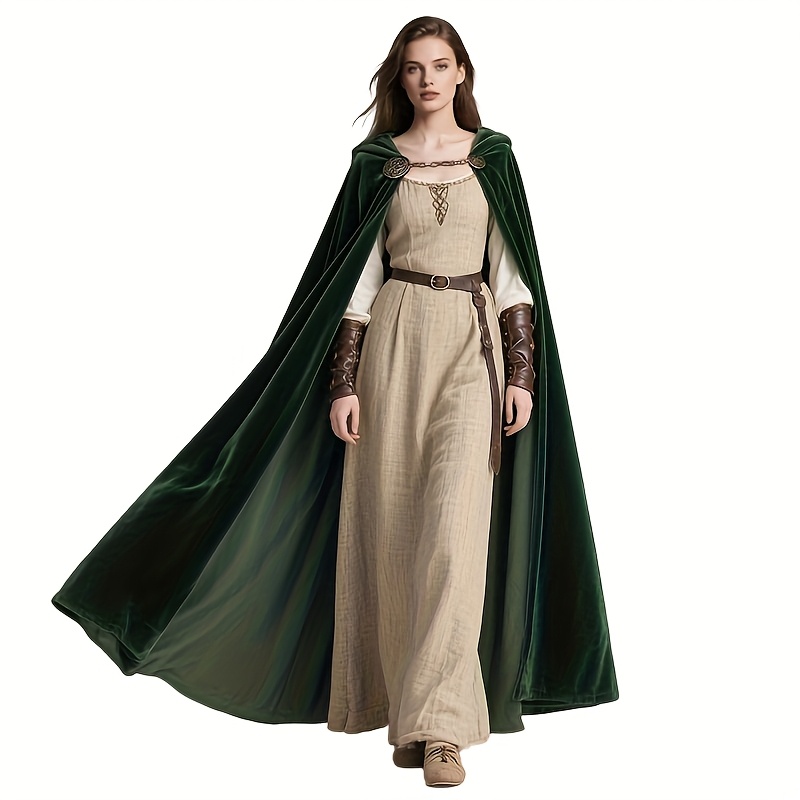 Image of 1 Medieval Black Green Velvet Cloak Hooded Renaissance Cape Hooded Halloween Carnival Party Costume