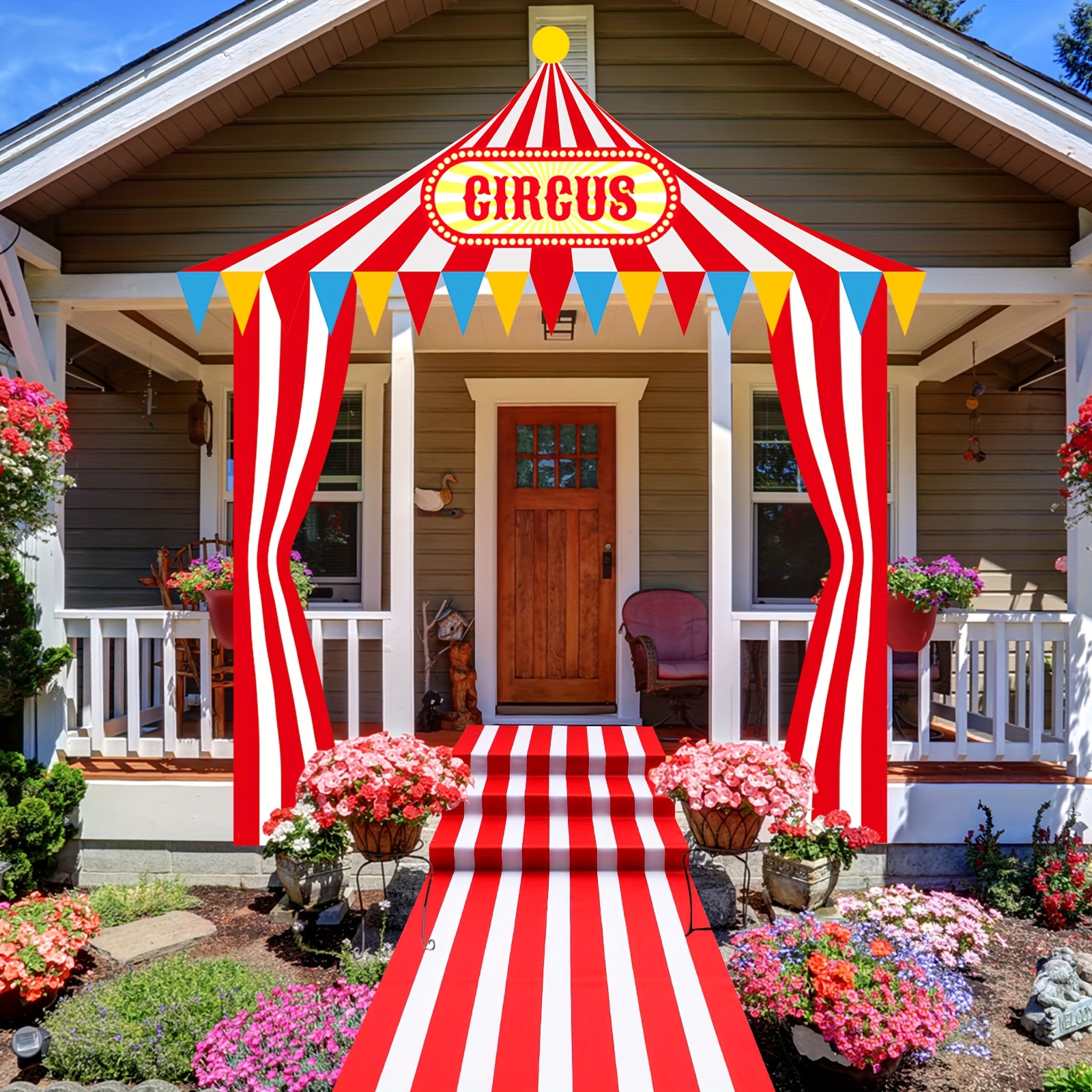 4pcs * Tent Decorations Carnival Entryway Door Party Decor Red And White  Striped Awning Hanging Banner Aisle Runners Supply for Circus T, image size:1600x1600