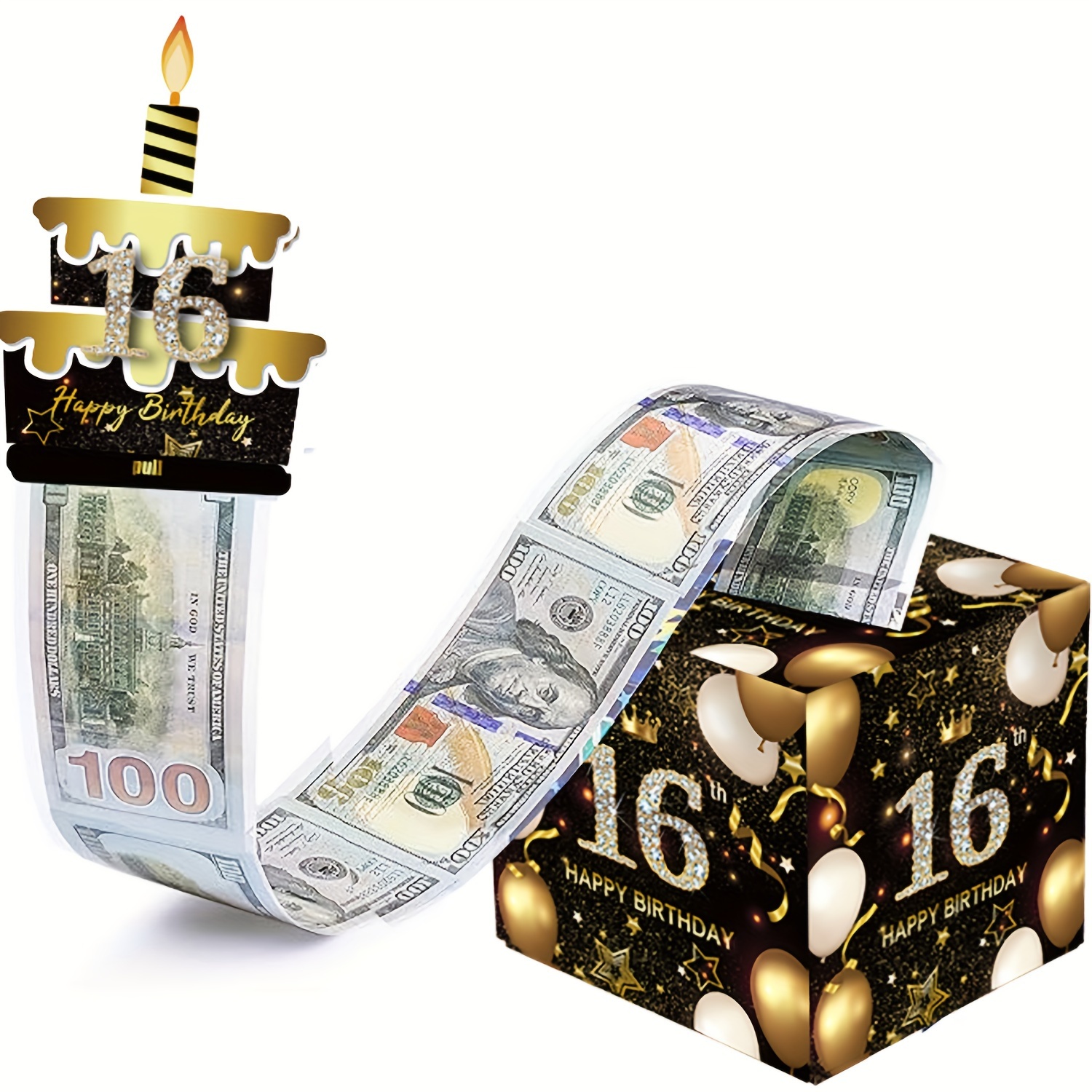 16岁生日主题礼盒，粉色方形礼盒快乐生日贺卡和50透明袋惊喜礼盒现金礼盒现金礼盒适合庆祝生日活动万圣节感恩节圣诞节