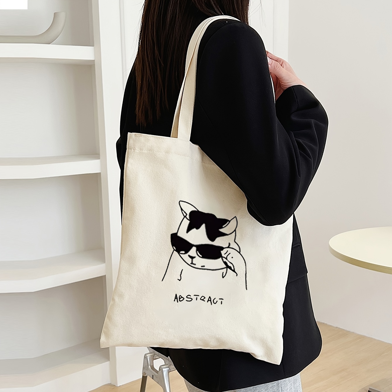 

Canvas Tote Bag For Women With Fashion Sunglasses Serious Cat Design, Casual Travel Shopping Storage Shoulder Bag