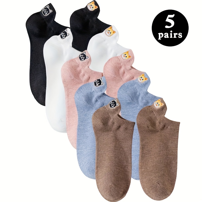 E-shop 5-Paar Damen Socken mit süßer Katzenstickerei, Low-Cut Design, weich, bequem atmungsaktiv, einfache vielseitige Knöchelsocken für Frauen