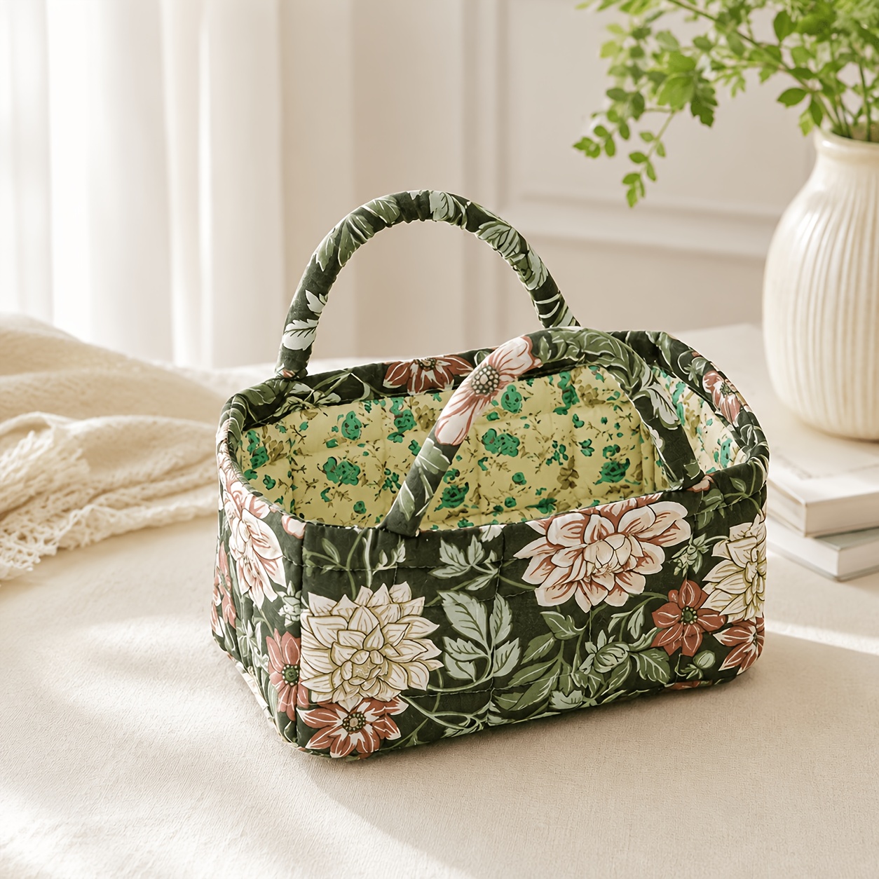 TEMU Floral Fabric Storage Basket With Handle, Quilted Organizer, Suitable For Bedroom, Bathroom, Closet, And Shelf, Portable Clothing And Cosmetic