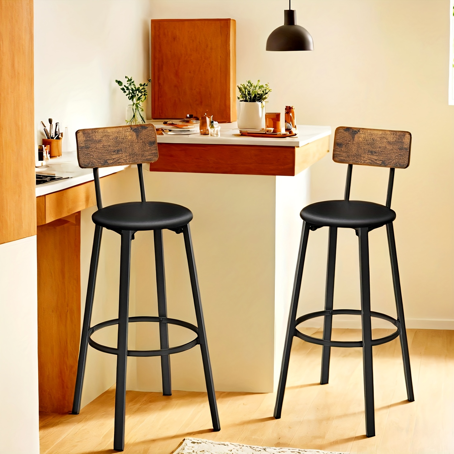TEMU Ensemble de 2 tabourets de bar, avec revêtement en PU, un -pieds, un facile et un design industriel en marron et noir