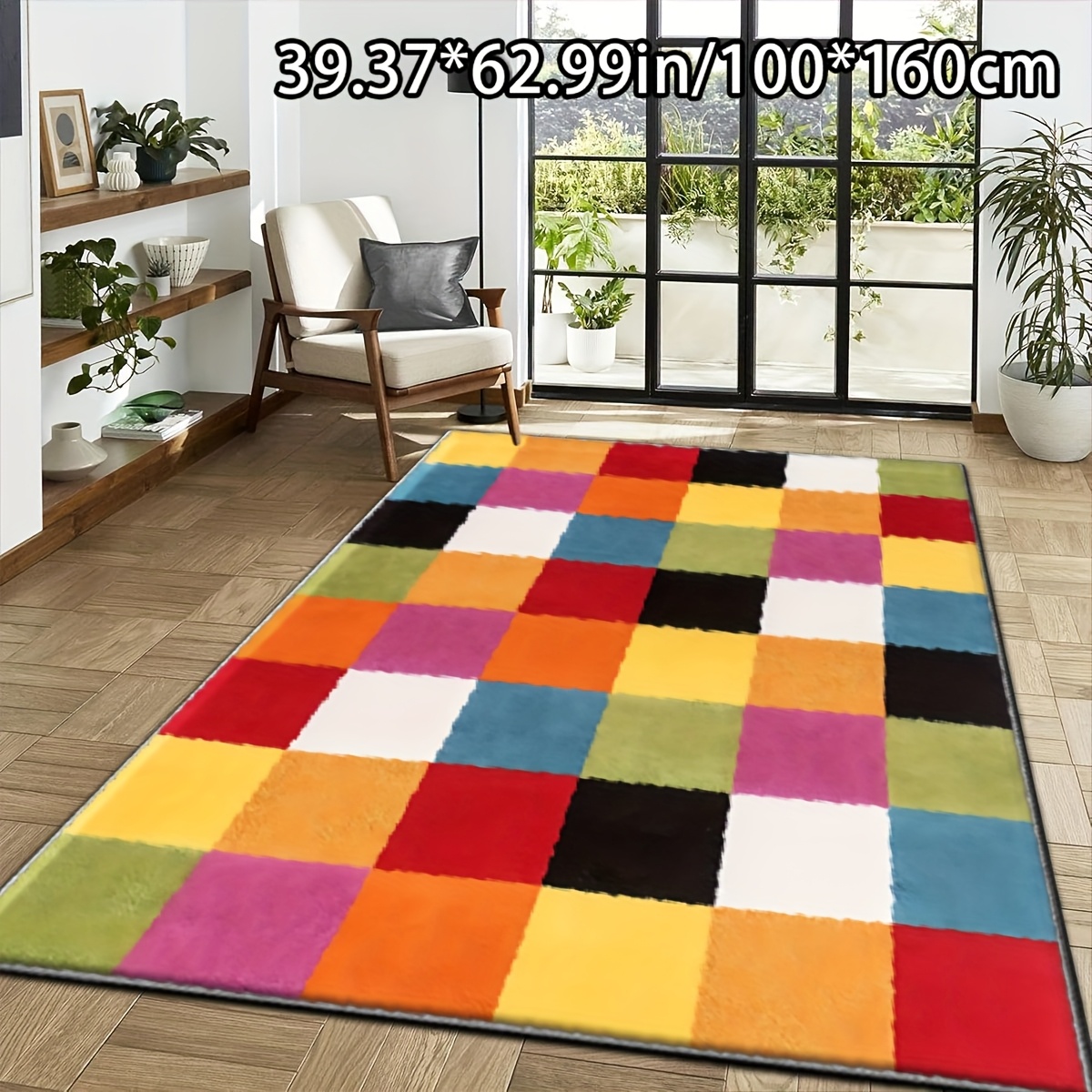 TEMU Adsuvan Soft Plush Polyester Mat With Non-slip Dot Backing - Colorful Geometric Design, Machine Washable Indoor/outdoor Mat For Living Room,