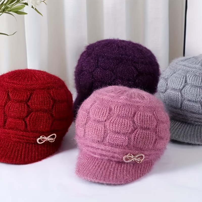 

1pc Winter Beret Hat For Women, Thickened Polyester Fiber With Visor, Machine Washable Knitted Beanie With Bow Closure, Featherless, Perfect Gift For Mom