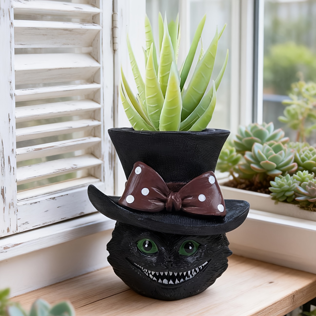 Cat Polka Dot Bow Top Hat Planter - Home And Office Indoor Artificial Greenery, Lightweight , Cat Decor, Desktop Display, Ambiance, , Handcrafted, Unique Decoration, Gift