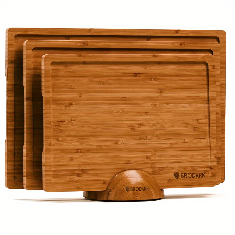 TEMU 3pcs Bamboo Wood Cutting Board Set With Holder - Chopping Boards, Non-slip Durable Bamboo Wood For Kitchen, Dishwasher (not All Models), -friendly Slices - Bamboo Chopping Boards For S